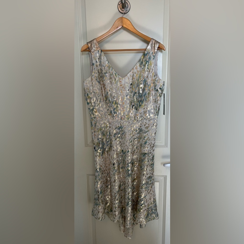 NWT Tahari Size 10 Ivory and Gold Dress with Blue and Yellow Accents.